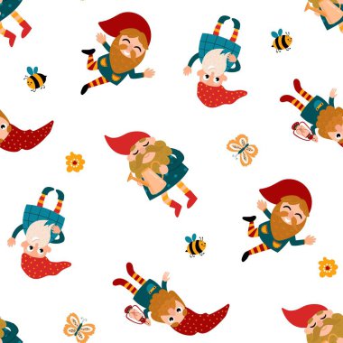 Gnomelar, Arılar ve Kelebekli Kusursuz Desen. Kumaş, tekstil, duvar kağıdı, ambalaj için tasarım
