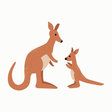 Anne ve Bebek Kangurular Düz Stil Resimde. Beyaz arkaplan, izole et