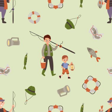 Baba ve Oğul Balıkçılığının kusursuz deseni. Kumaş, tekstil, duvar kağıdı, ambalaj için tasarım