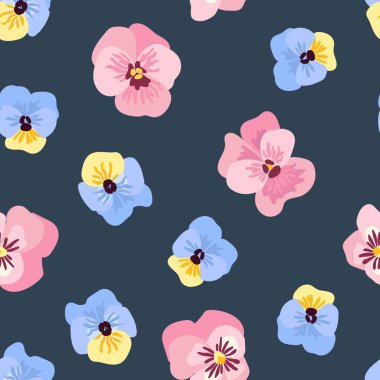 Çiçeksiz desen. Pembe ve Mavi menekşeler. Kumaş, tekstil, duvar kağıdı, ambalaj için tasarım