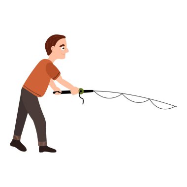 Balıkçı Oltası ile İnsan Balıkçılığı tasviri. Beyaz arkaplan, izole et