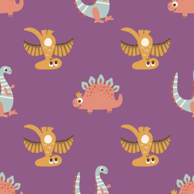 Renkli Karikatür Dinozorları Deseni. Kumaş, tekstil, duvar kağıdı, ambalaj tasarımları