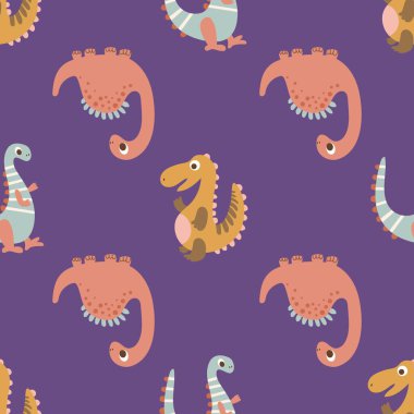 Mor Arkaplanda Kusursuz Çizgi Film Dinozoru Deseni