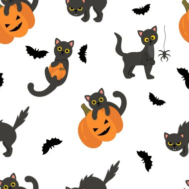 Cadılar Bayramı Kara Kediler ve Balkabaklarıyla Kusursuz Desen