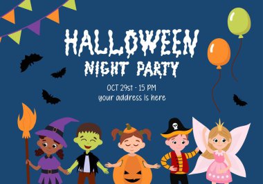 Çizgi film Cadılar Bayramı Partisi Davetiyesi. Kostümlü çocuk partisi