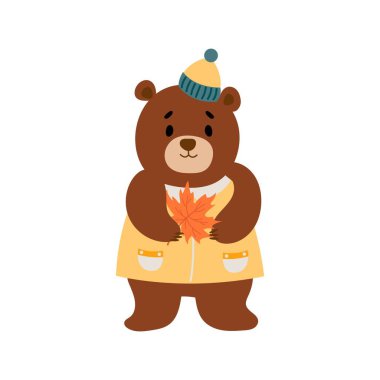 Cute Bear with Autumn Leaf Illustration