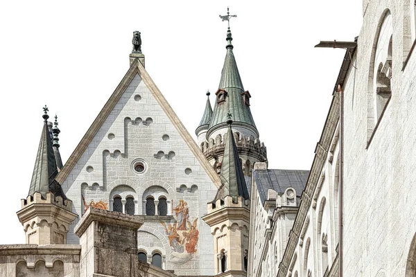 Los Detalles Arquitectura Del Castillo Neuschwanstein Alemania Aislados Sobre Fondo — Foto de Stock