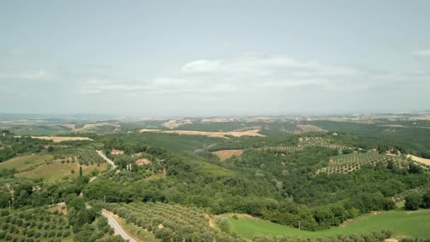 Toskana Landschaft Luftaufnahme Mit Drohne Bei Sonnenaufgang Bauernhaus Hügel Felder — Stockvideo