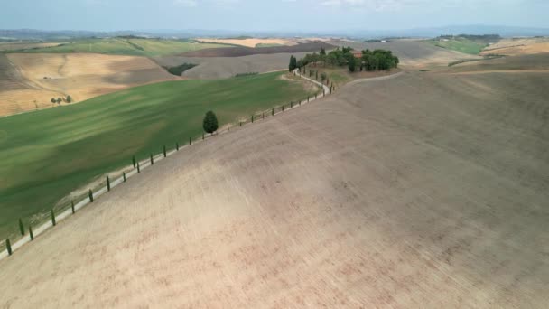 Toscana Landsbygd Antenn Skott Med Drönare Vid Soluppgången Bondgård Kullar — Stockvideo