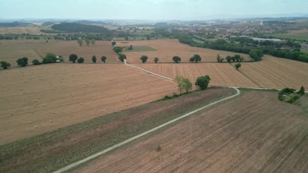 Campo Toscana Tiro Aéreo Com Drone Nascer Sol Fazenda Colinas — Vídeo de Stock