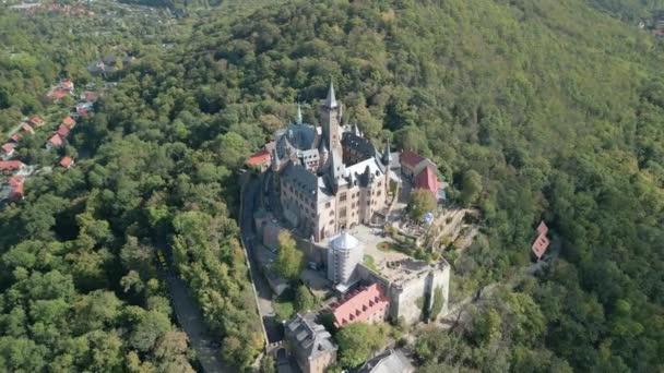 Vista Aérea Famoso Castelo Wernigerode Bela Luz Dourada Noite Saxônia — Vídeo de Stock