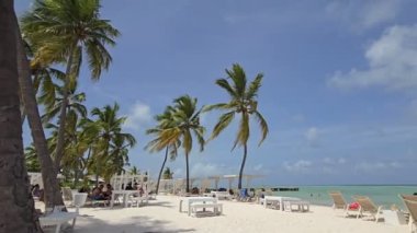 PUNTA CANA, 15 Haziran 2024 Juanillo plajı, beyaz bir kumsal ve bir sıra palmiye ağacı tropik bir cennetin birleşimi. Punta Cana ve Cap Cana 'da. Birinci sınıf bir alan..