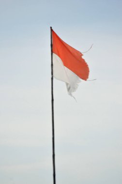 Soluk gökyüzüne karşı yırtık pırtık bir Endonezya kırmızı ve beyaz bayrağı dayanıklılık ve ebedi ruhu çağrıştırıyor. Yıpranmış kumaşı, azim ve milli gurur dolu bir hikaye anlatıyor..