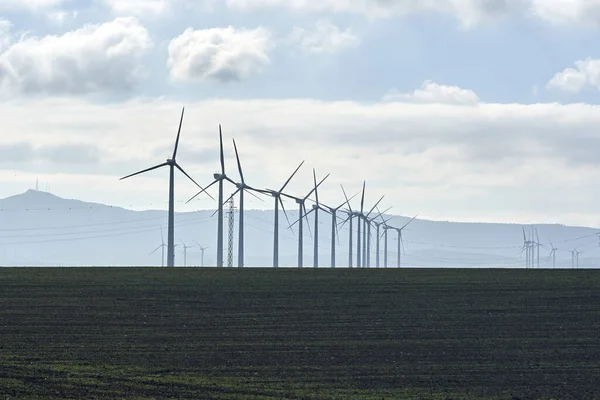 Technology windmills in the green fields in Spain