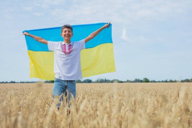 Ukrayna için dua et. Buğday tarlasında Ukrayna bayrağı taşıyan bir çocuk. Ulusal Ukrayna elbiseli gülümseyen çocuk elinde sarı-mavi büyük bayrak ile buğday tarlasının arka planında. Vatansever eğitim.