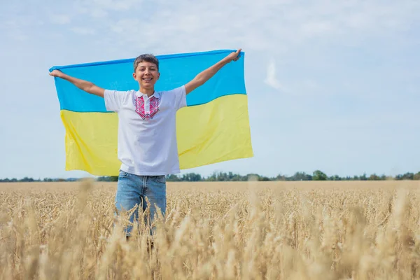 Pray for Ukraine. Child with Ukrainian flag in wheat field. Smiling boy in national Ukrainian clothes with yellow - blue large flag in hand against background of wheat field. Patriotic education.