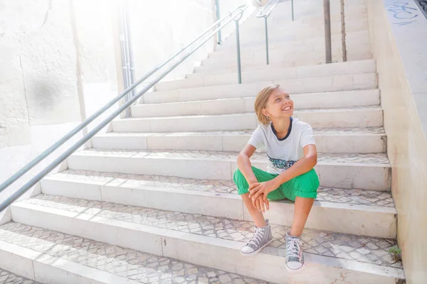 Adorable Little Boy Sitting Stairs City Portugal High Quality Photo Stock Photo