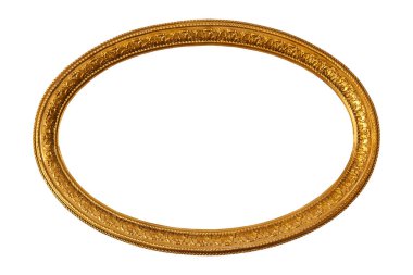 Oval boş şeffaf ahşap ve altın yaldızlı süslemeli çerçeve, beyaz arka planda izole