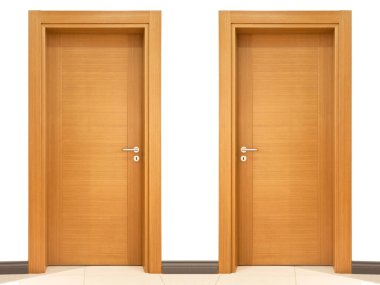 Modern kahverengi ceviz ön giriş ahşap ev ya da ofis içi iki kapı, izole saydam arka plan