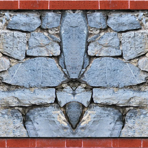 頑丈な青と灰色のカットの石と赤レンガの壁 背景のために良い シームレスに並んで — ストック写真