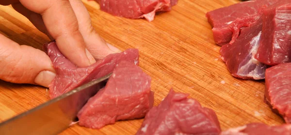 Clean Very Fresh Red Raw Cow Meat Sharp Knife Hand — Stock Photo, Image