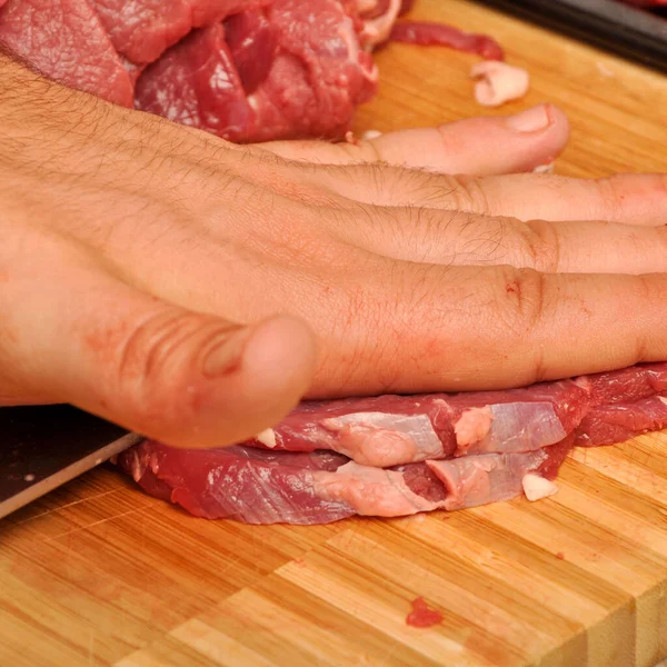Clean Very Fresh Red Raw Cow Meat Sharp Knife Hand — Stock Photo, Image