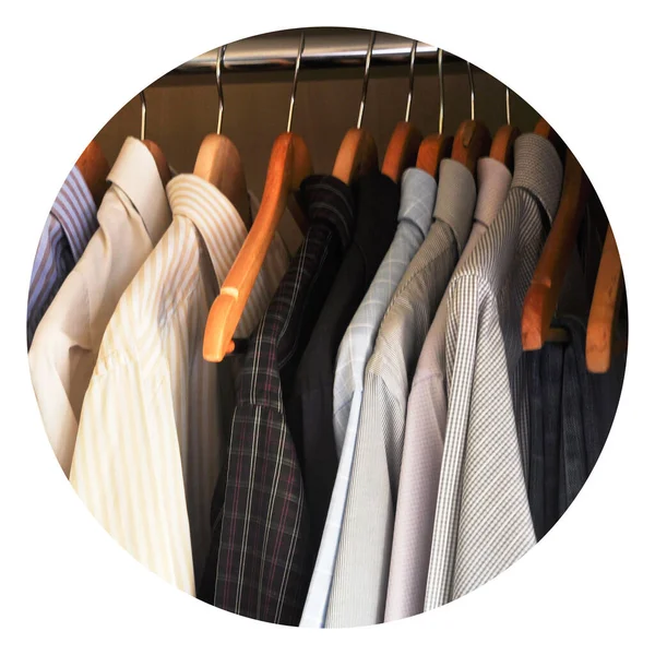Clean Modern Men Shirts Hanging Wooden Wardrobe — Stock Photo, Image