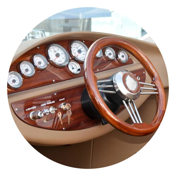 Speed boat steering wheel and instrument panels, luxurious speedboat control panel