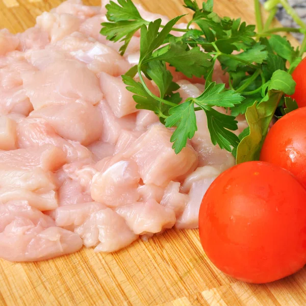 Fresh Raw Chicken Meat Breast Pieces Ready Cook Tomato Parsley — Stock Photo, Image