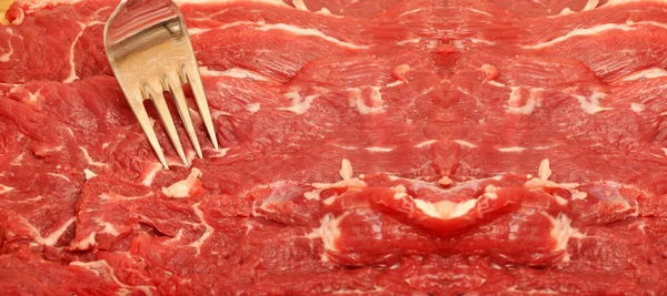 Καθαρίστε Πολύ Φρέσκο Κόκκινο Ωμό Κρέας Βοείου Κρέατος Και Πιρουνιού — Φωτογραφία Αρχείου