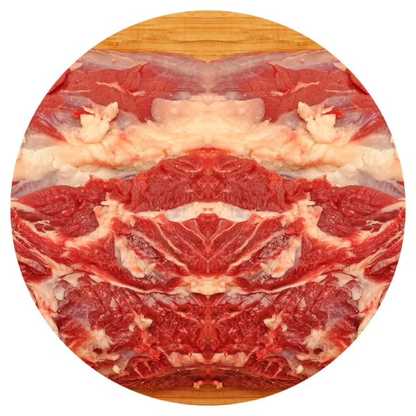 Clean very fresh red raw cow meat beef, bamboo on cutting board, cow meat texture
