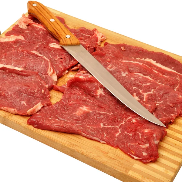 Limpie Carne Vaca Roja Cruda Muy Fresca Cuchillo Afilado Tabla — Foto de Stock