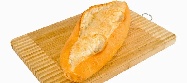 Frisch Gebackenes Nahrhaftes Und Goldfarbenes Brot Auf Einem Bambusschneidebrett — Stockfoto
