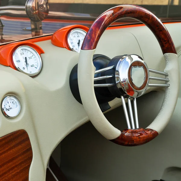 Speed boat steering wheel and instrument panels, luxurious speedboat control panel
