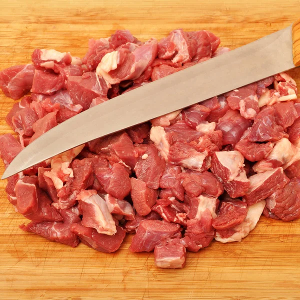 Clean Very Fresh Red Raw Cow Meat Sharp Knife Cutting — Stock Photo, Image