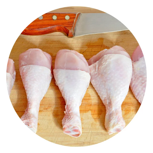 Fresh Uncooked Chicken Meat Drumsticks Pieces Knife Baget Ready Cook — Fotografia de Stock