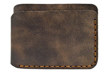 Çok şık kahverengi deri para ve kredi kartı cüzdanı, deri cüzdan dikiş ayrıntıları.