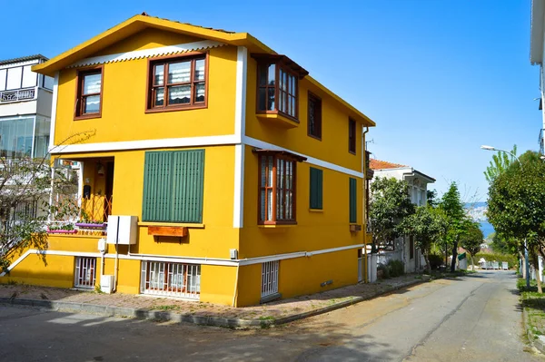 Princes Islands, Buyukada in Istanbul Turkey, two storey detached yellow house Buyukada, april 23 2019