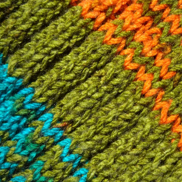 Patronen Gemaakt Van Wol Handgemaakte Gebreide Stof Turquoise Oranje Groene — Stockfoto