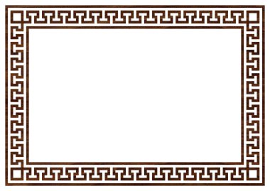 Yunan çerçeve süsleri, pervaneler. Beyaz arkaplan üzerinde tekrarlanan Yunan motif vektör illüstrasyonuyla ahşap cevizden kare kenarlığı