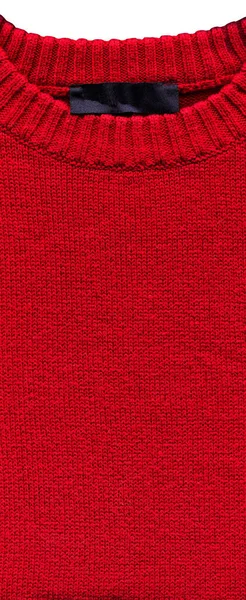 ニット生地赤ウール織セーター 背景テクスチャ ウールと黒のセータータグで作られたパターン生地 — ストック写真