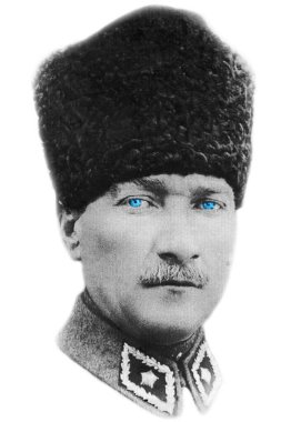 1920 'lerde ve 1930' larda Türkiye Cumhuriyeti 'nin kurucusu ve kurtarıcısı olan mavi gözlü Mustafa Kemal Atatürk' ün siyah ve beyaz portresi yüksek çözünürlüklü baskı ile taranarak elde edildi. Tarama tarihi 19 Mart 2023