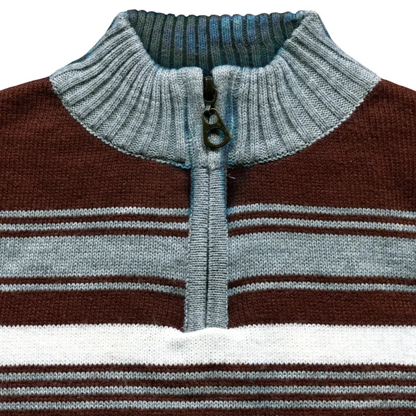 ウールで作られたパターンカーディガン生地 手作りニット生地青茶色のウールセーター背景テクスチャとジッパー — ストック写真