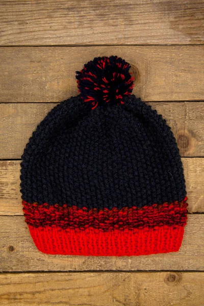 Handmade Red Navy Blue Wool Knitted Winter Hat Isolated Old — Stock Photo, Image