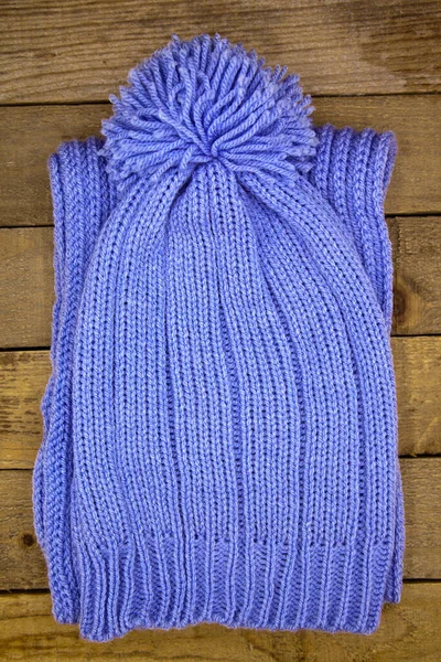 Hecha Mano Lana Tejida Sombrero Azul Invierno Scrarf Aislado Sobre — Foto de Stock