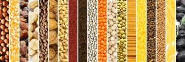 Photo collage of various raw fresh cereals, legumes, spices, suitable for website header banner clipart