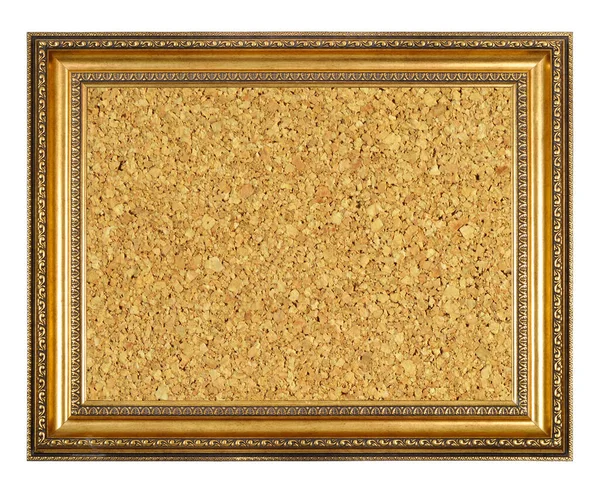 Wooden Gold Gilded Ornamental Frame Rectangular Cork Board Isolated White — Stock Photo, Image