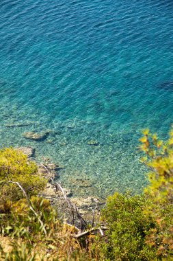 Deniz ya da okyanus suyunun üst görüntüsü, mavi ve turkuaz tuzlu deniz suyu dokusu