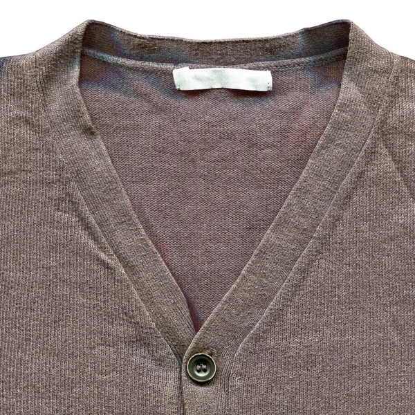ウールで作られた模様のカーディガン生地 手作りの編まれた生地の灰色のウールのセーターの背景の質および灰色のボタン — ストック写真