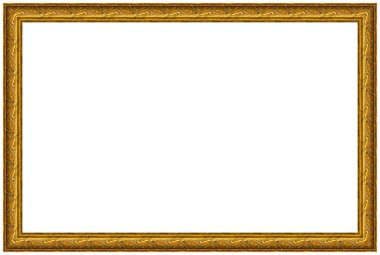 Rectangular empty wooden and gold gilded ornamental frame isolated on white background